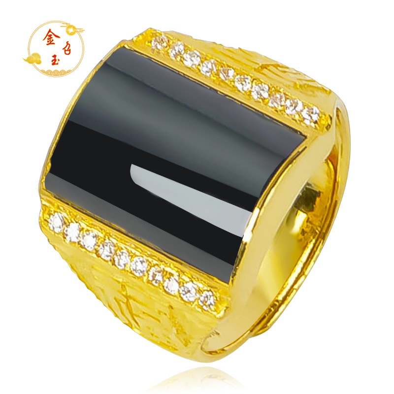 金召玉黄金镶玉戒指男款福字足金宽面和田墨玉玉器指环戒999足金送礼