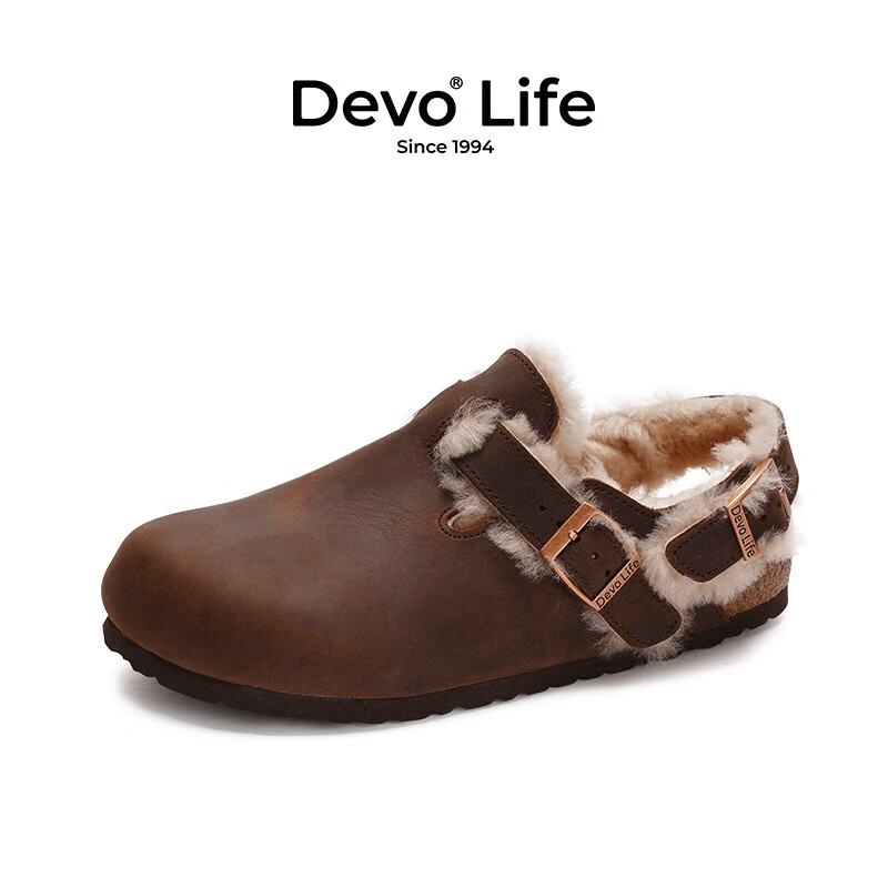 Devo的沃软木拖鞋包头半包加绒加毛外穿冬季保暖勃肯拖鞋女鞋23007 深棕油蜡皮+沃黄毛 37 （建议正码正拍）