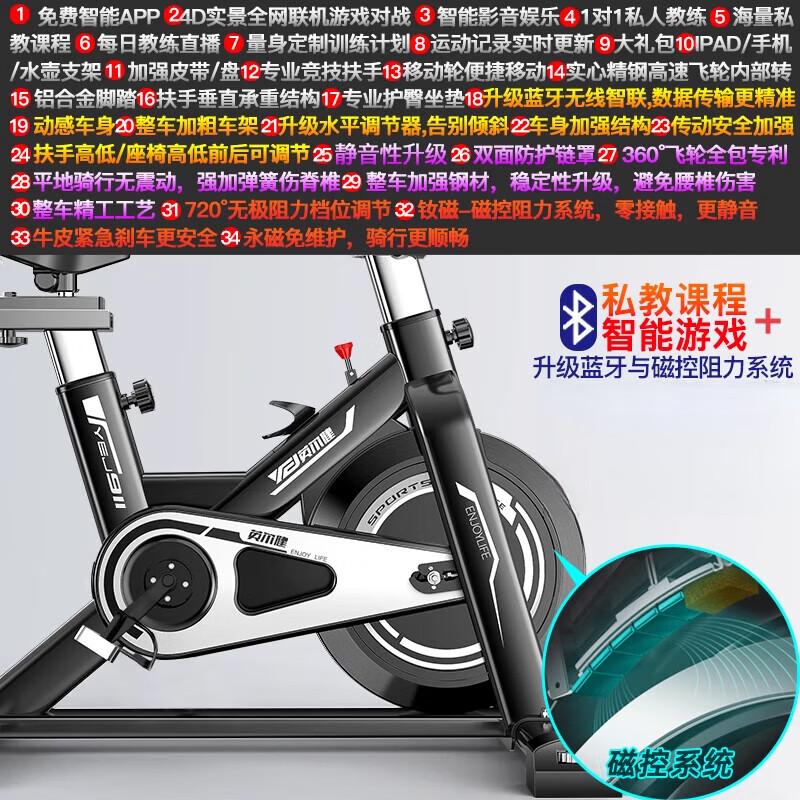英爾?。▂ingerjian）動(dòng)感單車電磁控智能家用室內(nèi)健身車健身器材超靜音運(yùn)動(dòng)自行車 A6-黑-磁控物理雙阻-藍(lán)牙-全包-