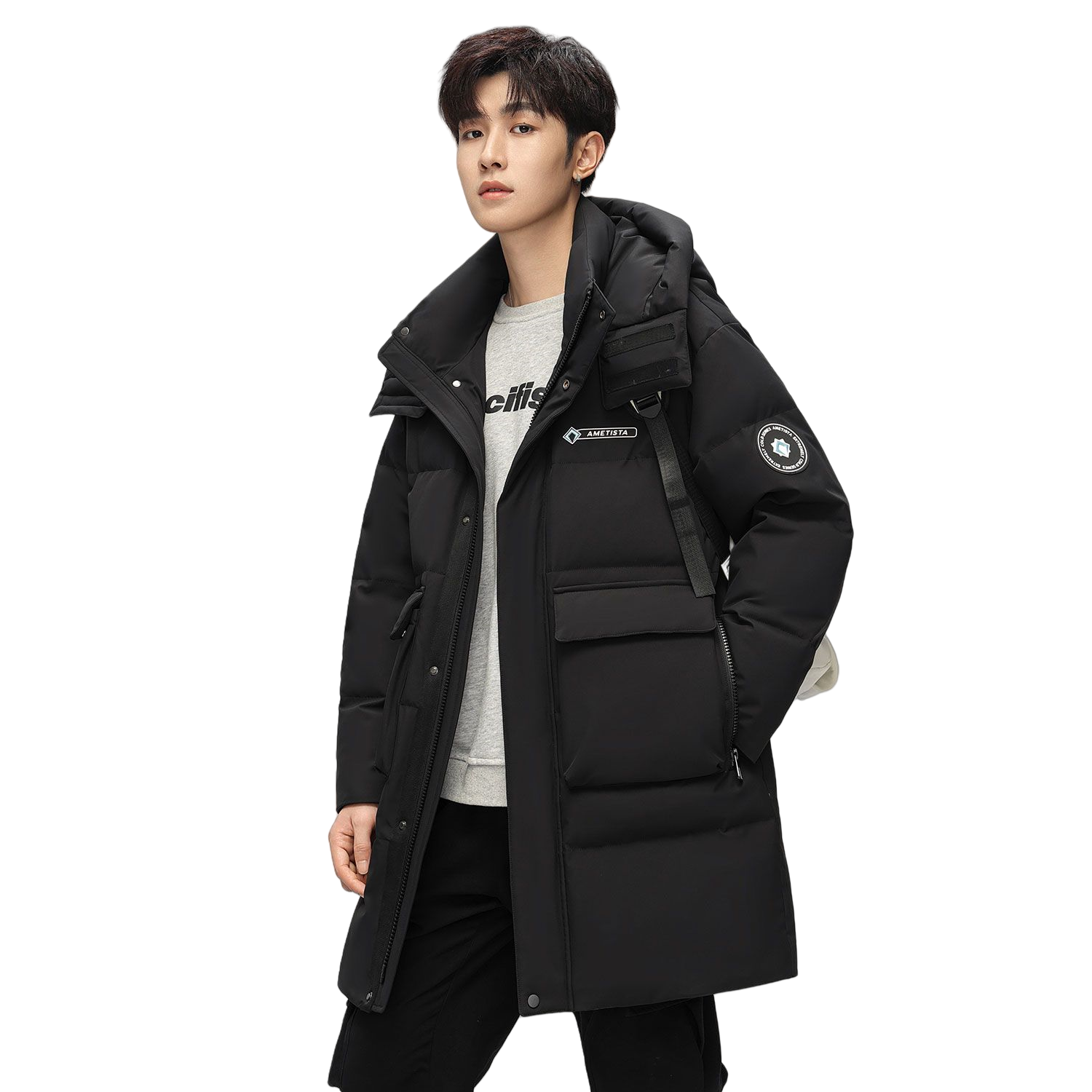 鸭鸭王一博明星同款鸭鸭羽绒服男中长款冬季连帽加厚休闲保暖外套潮流