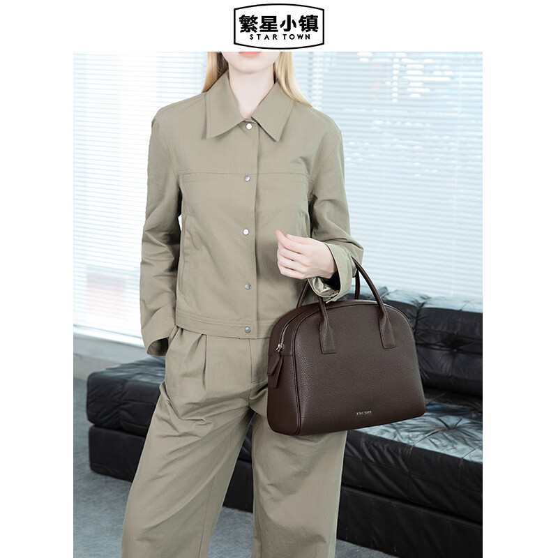 STAR TOWN繁星小镇大容量保龄球包头层牛皮手提包波士顿包圣诞元旦 乌木棕