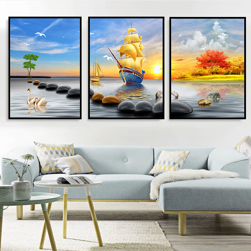 梵琼客厅装饰画轻奢现代自粘三联画沙发背景墙卧室山水壁画自粘画贴纸