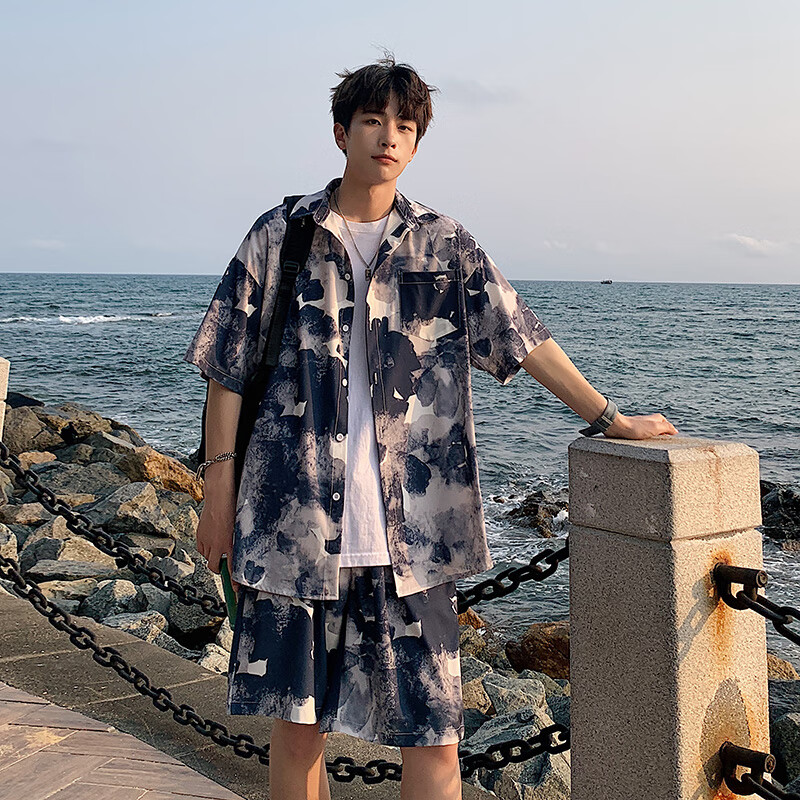 辰好依冰丝花衬衫男夏季薄款短袖套装痞帅时尚夏威夷海边三亚沙滩裤一