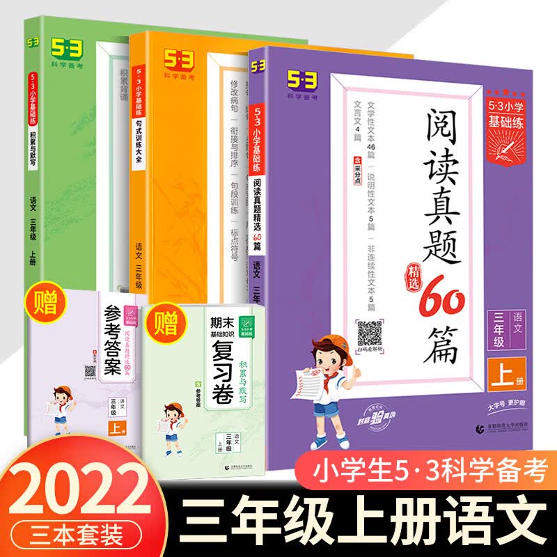 2023版53小学基础练阅读真题60篇100篇一二年级三年级四五六年级上册下册小学语文句式训练大全积累与默写阅 【3年级套装】阅读真题60篇上册+句式训练+积累与 小学通用