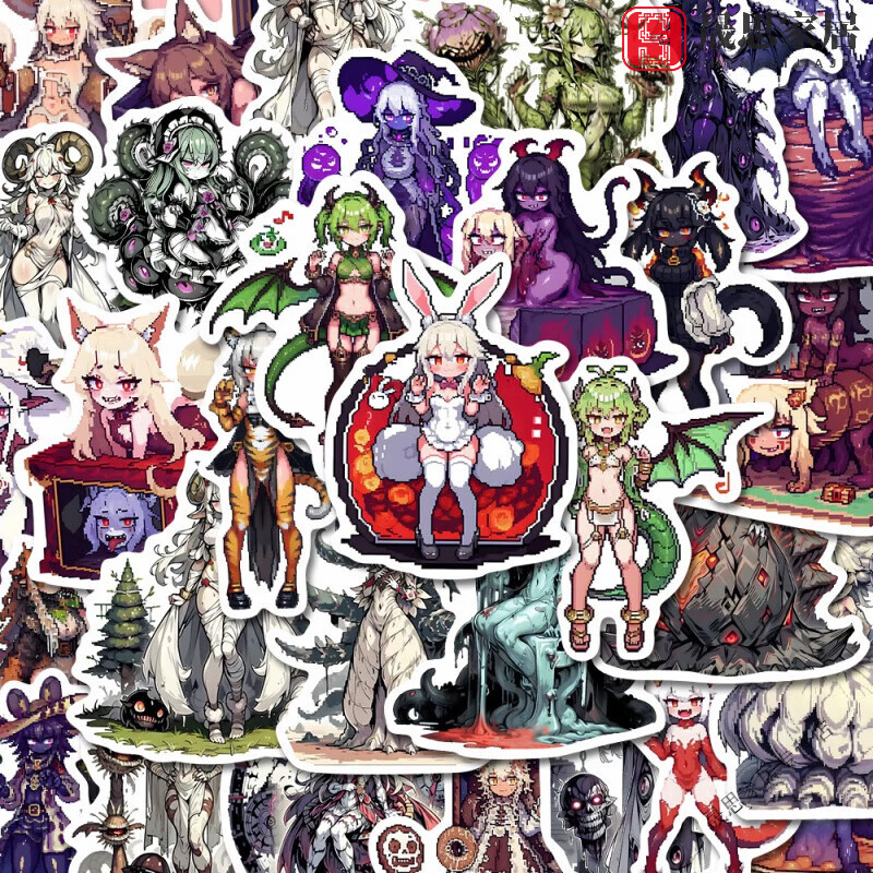 子木雅居2024新款像素风二次元贴纸50张像素魔女动漫卡通日系手账素材