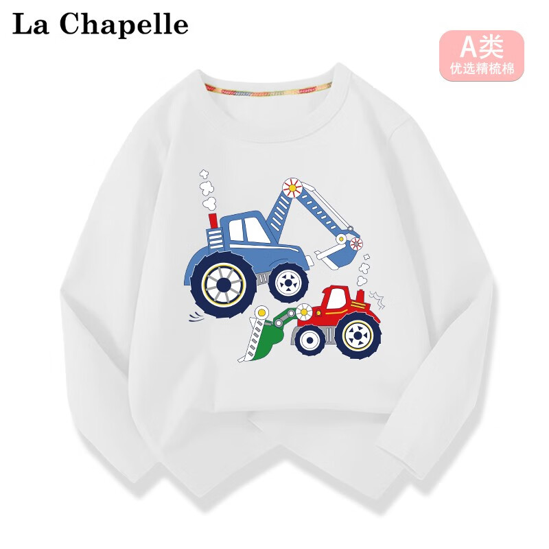 LA CHAPELLE MINI拉夏贝尔儿童纯棉长袖t恤夏季2023新款男童春秋薄款打底衫上衣服 【纯棉长袖】白色挖机 110高性价比高么？