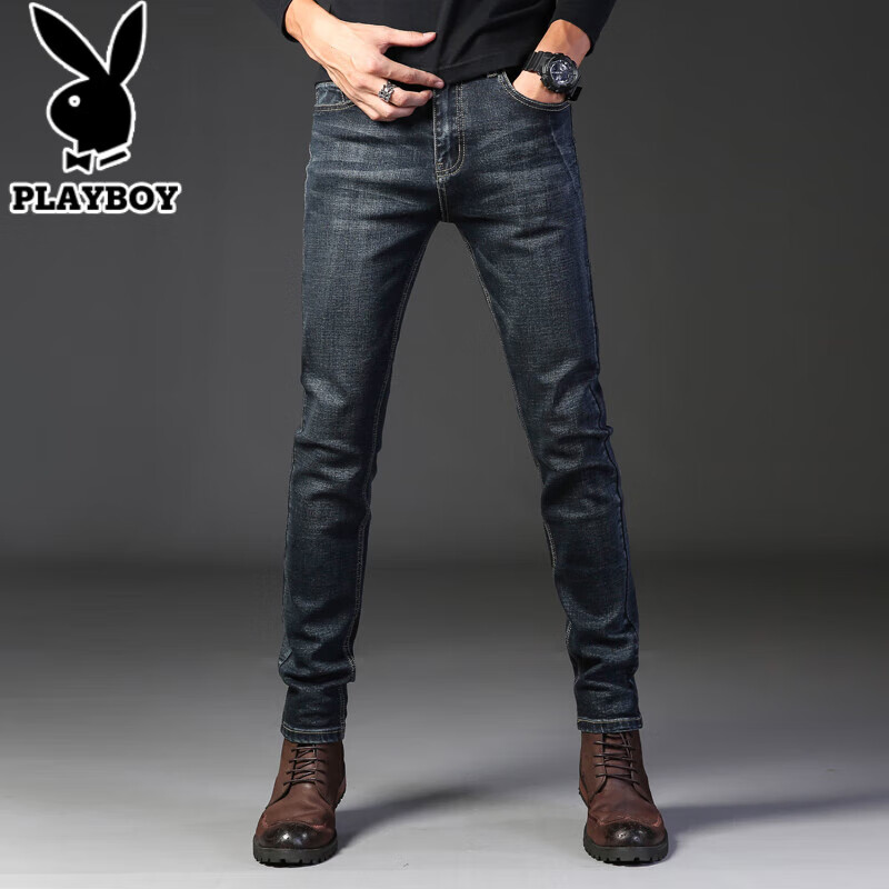 百亿补贴：花花公子牛仔裤男加绒加厚韩版时尚潮流休闲修身小脚裤子男士直筒商务男裤 816黑色 34