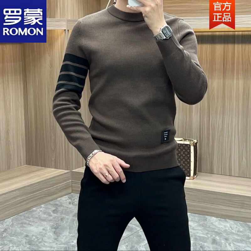 罗蒙（ROMON）时尚秋冬男士长袖毛衣针织衫时尚2025圆领潮流新款修身打底 卡其色 3XL 【建议170-190斤】