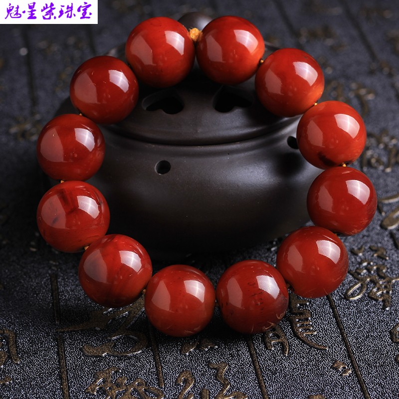 正宗天然西藏满血牦牛角素珠手串男女款红色圆珠牛角手链 16mm
