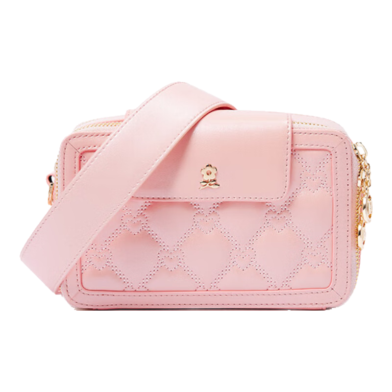 夢特嬌（MONTAGUT）女包新款心形菱格羊皮雙拉鏈小香風(fēng)小方包斜挎包 芭蕾粉