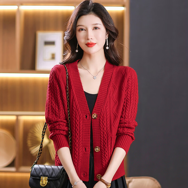 百丽驼美士 balitomms秋季新款青年小开衫短款宽松女士毛衣领外套秋冬