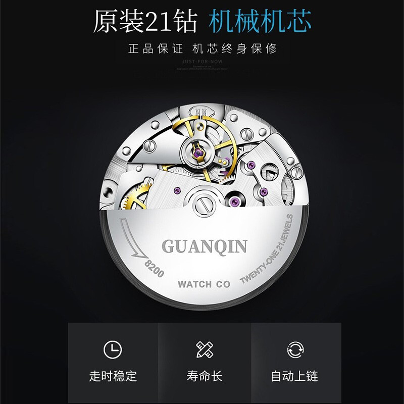 冠琴(GUANQIN)名表十大品牌手表男士商务全自动机械表男表夜光防水双日历男士表 间金黑面16217【免费刻字】