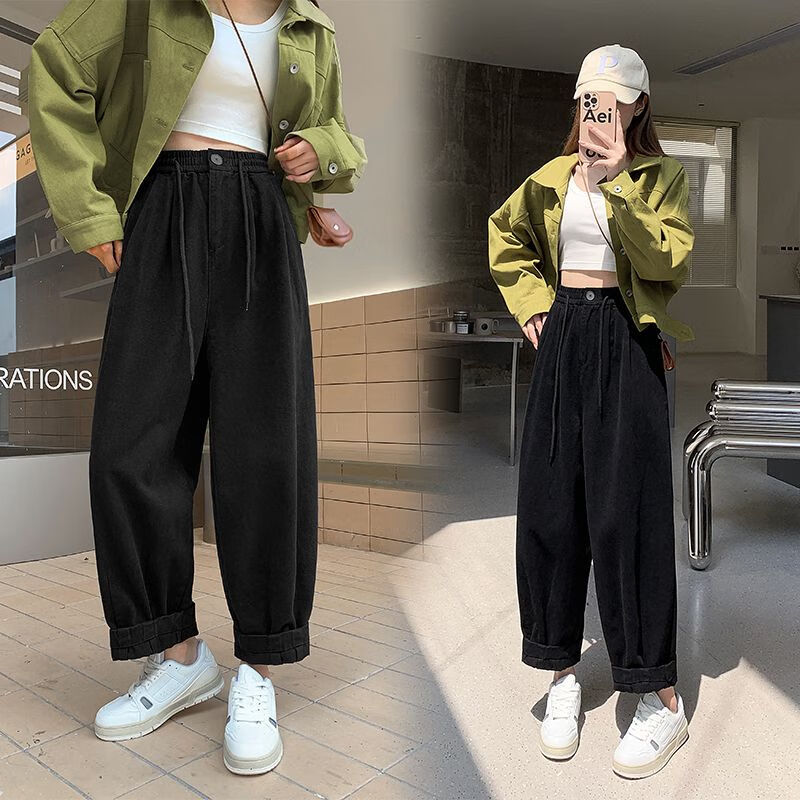 传祺威登大码萝卜裤胖妹妹粗腿工装裤女春秋高腰宽松遮臀九分哈伦裤