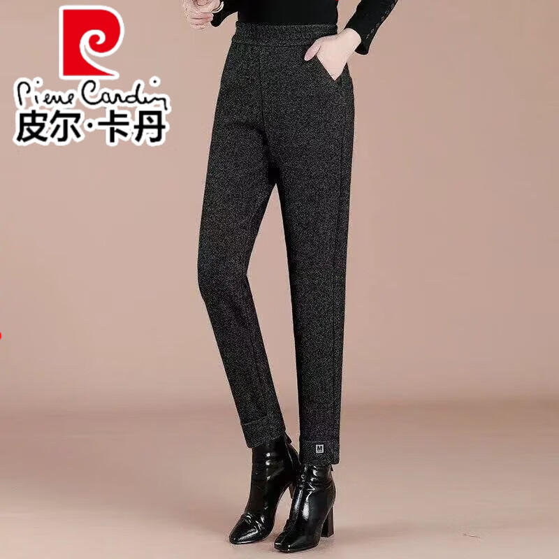 皮爾卡丹（pierre cardin）秋冬新款加厚毛呢哈倫褲顯瘦小腳褲蘿卜褲女松緊腰休閑女士褲子 黑色 【毛呢】 加厚 M 建議【95-105斤】