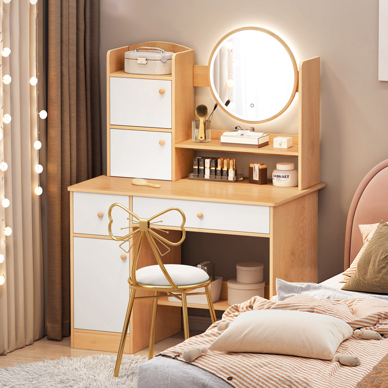 秋植居 梳妆台卧室化妆台桌凳套装多功能网红简易 枫木色桌+LED灯+送货上门