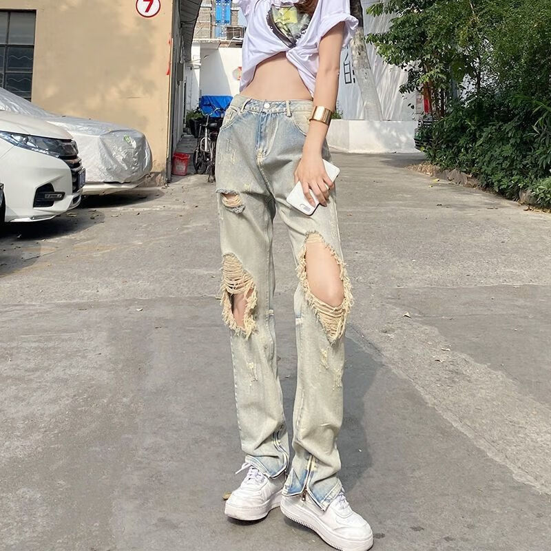 万派摩美式高街直筒破洞牛仔裤女vibe高腰百搭显瘦乞丐个性hiphop炸街