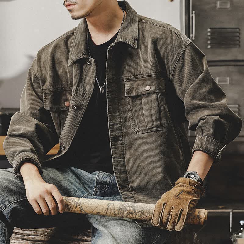 波尔斯泰普 品牌夹克男新款重磅灯芯绒复古外套阿美咔叽工装上衣男 深