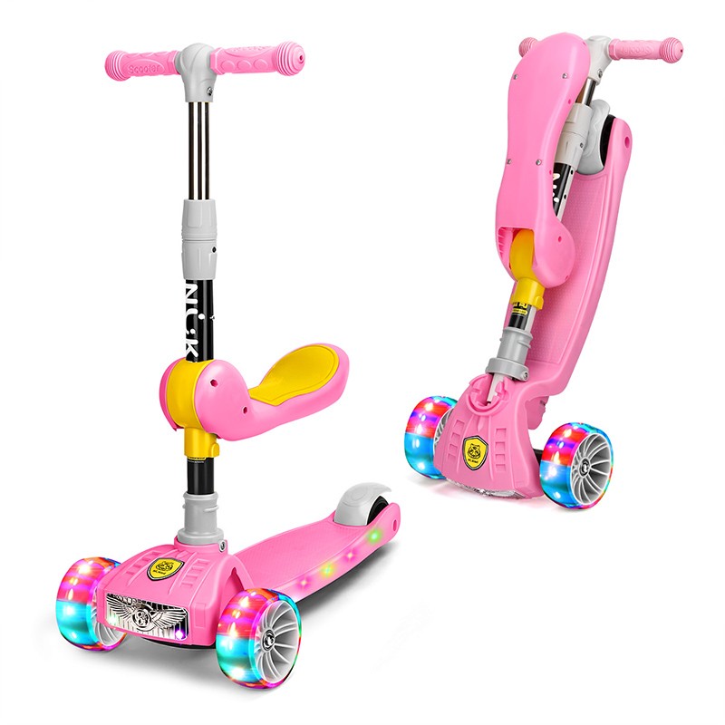 勾勾手（GOUGOUSHOU）滑板车儿童玩具闪光三轮折叠滑行车户外玩具可升降智能重力转向 二合一坐骑闪光音乐滑板车-粉色