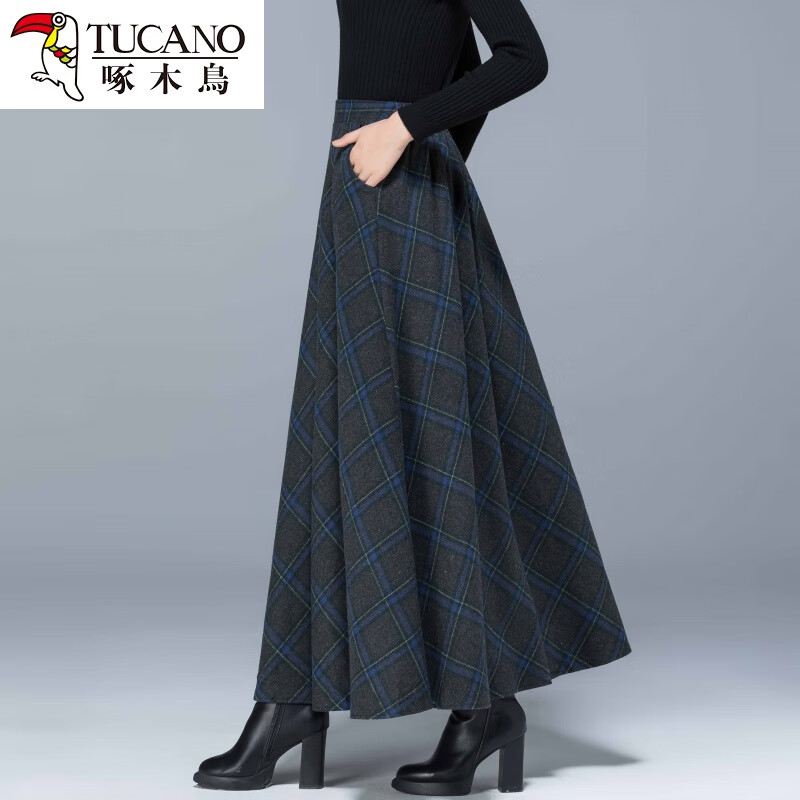 啄木鸟秋冬新款加厚毛呢半身裙高腰显瘦百搭口袋长裙松紧腰A字大摆裙子 灰蓝格 【长裙】 L 建议95-110斤