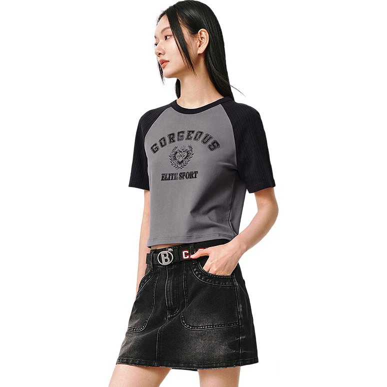 太平鳥(niǎo)女裝撞色插肩袖短款T恤女短袖夏美式復(fù)古小上衣潮 深灰 L