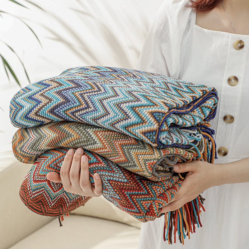 BATTILO美式沙发毯盖毯波西米亚毯民族风夏毯披肩毯空调毯床尾搭巾针织毯 深蓝色 127x170cm【含流苏】