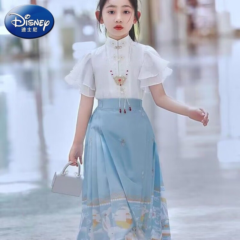 迪士尼（Disney）馬面裙女童漢服夏季改良古風(fēng)女孩中國風(fēng)古裝明制兒童漢服唐裝夏款 藍(lán)色套裝+同款項鏈 上衣+裙子+項 150 建議身高135-145cm