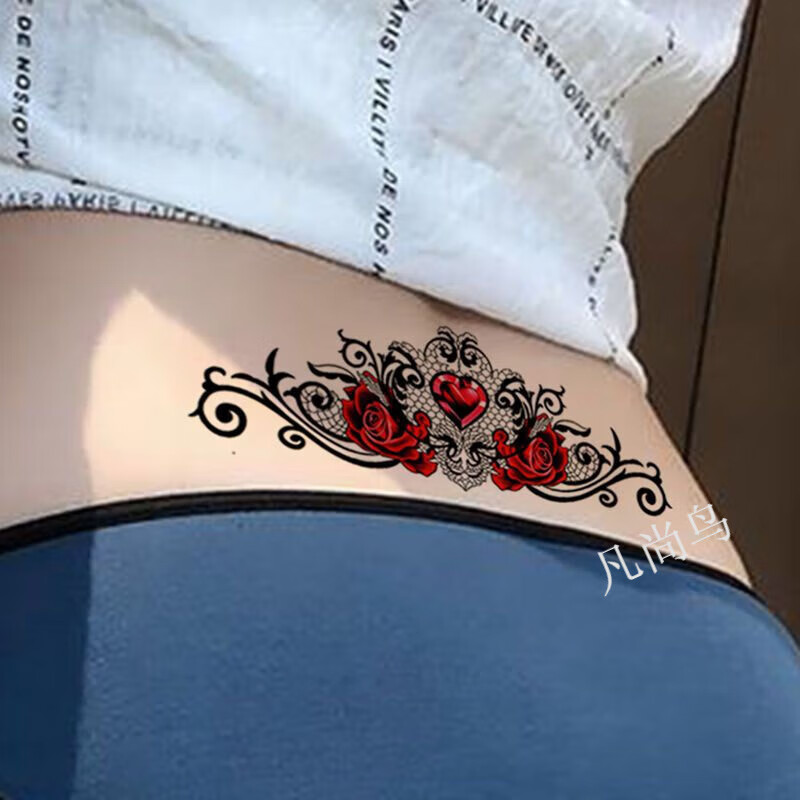凡尚鸟纹身贴红色玫瑰蕾丝图腾性感腰肚子遮挡腹疤痕防水遮伤贴 主图