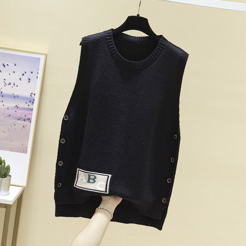 锡曼尘 毛线马甲圆领女新款针织毛衣背心韩版宽松外穿洋气春秋坎 黑色