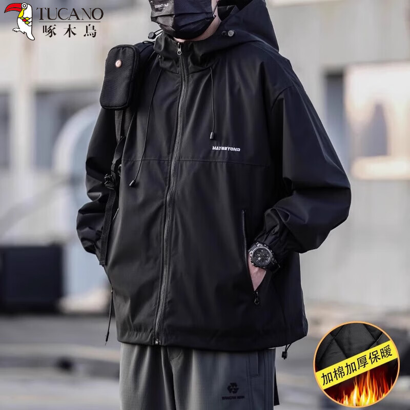 啄木鸟（TUCANO）美式机能工装夹克男秋冬季情侣加绒夹棉潮流防风户外休闲连帽外套 黑色【加厚棉衣款】 M 【建议100-130斤】