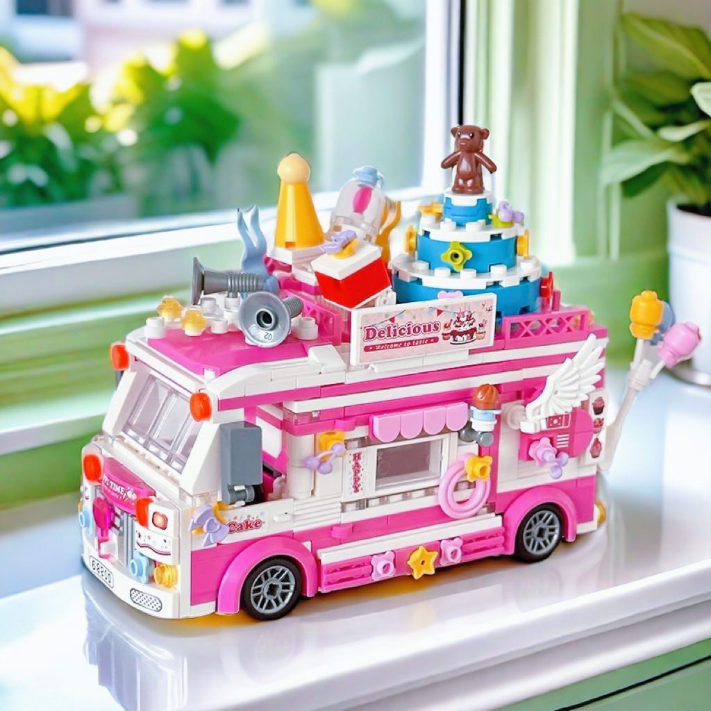 哲高 积木拼装雪糕车冰淇淋汉堡车美食车儿童玩具送女生生日礼物 00889蛋糕车-608PCS