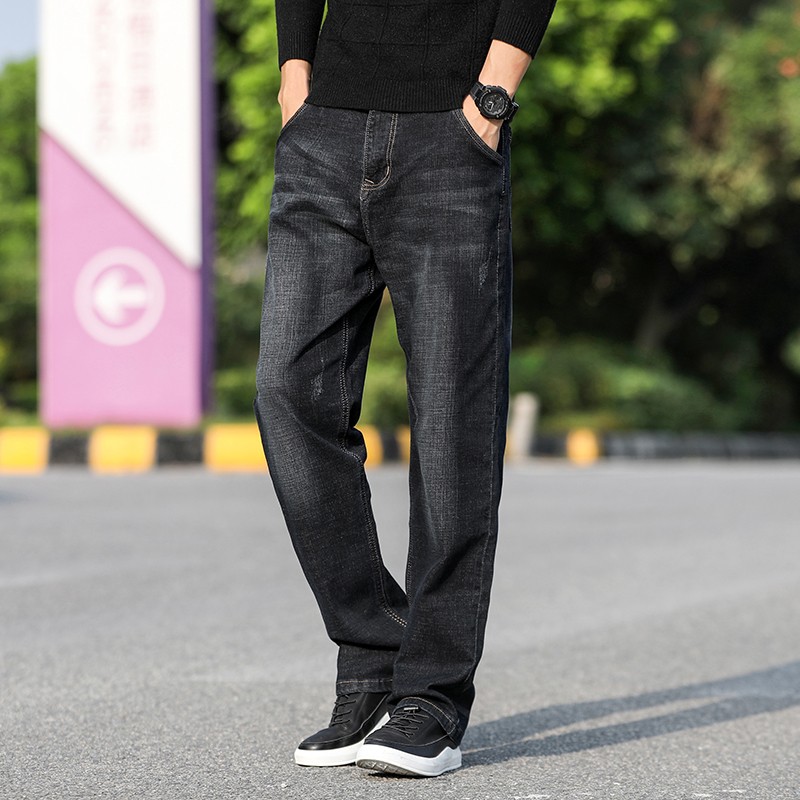 裤男直筒裤男弹力春秋潮流男裤子男士商务休闲高腰大码肥佬裤 黑色 34