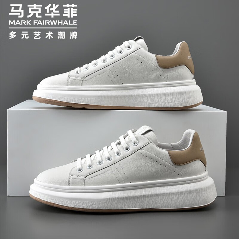 马克华菲厚底小白鞋板鞋男 2022春款牛皮百搭潮流休闲鞋791396019462 本白 41