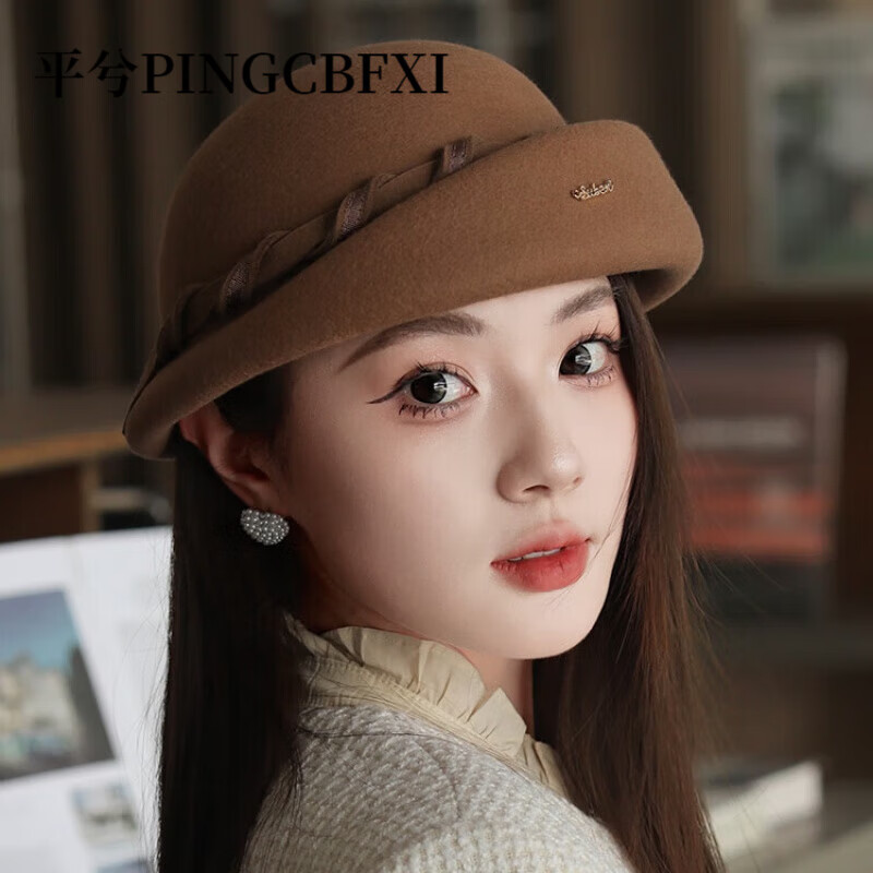 平兮 PINGCBFXI轻奢品牌羊毛贝雷帽子女士冬季新款时尚休闲渔夫帽保暖防寒礼帽女 优雅*卡其 均码（可调节）