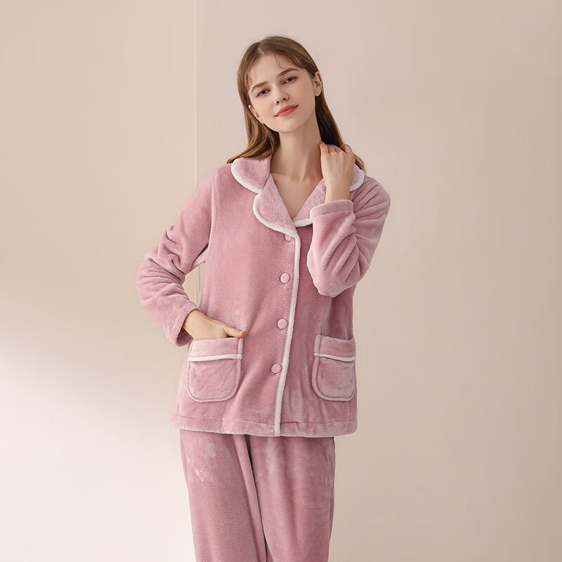 安之伴睡衣女秋冬保暖法兰绒加绒加厚休闲开衫宽松女士家居服套装可外穿 豆沙 L