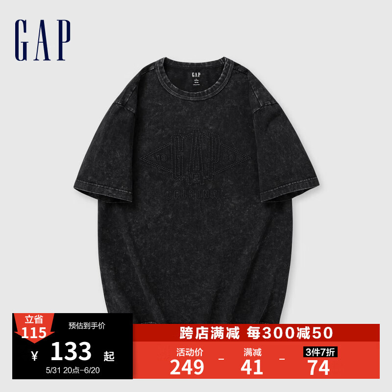Gap男女装2024夏季新款重磅纯棉雪花水洗短袖T恤宽松上衣463153 黑色 175/96A(L) 亚洲尺码