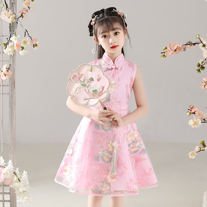 迪士尼（Disney）1-15岁女童旗袍2024中国风短夏季薄款粉色洋气小女孩宝宝儿童唐装 粉色 110