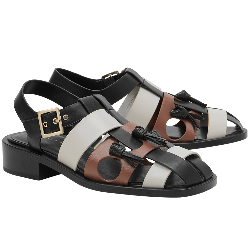 CHARLES&KEITH流蘇拼色粗跟漁夫涼鞋女士CK1-70380934 Black黑色 35