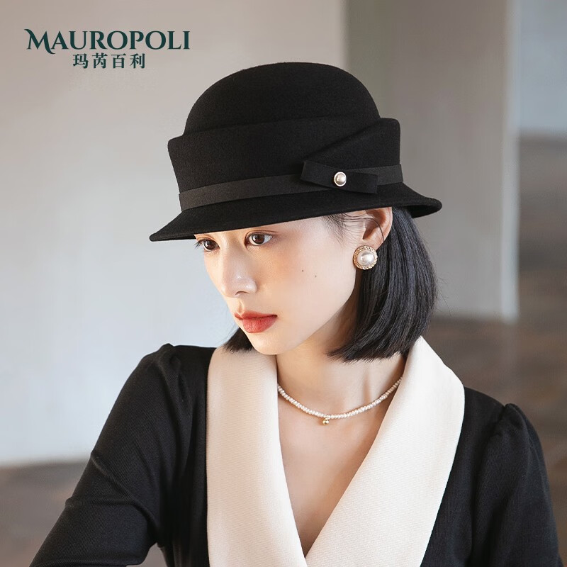玛芮百利（Mauro Poli）礼帽女英伦复古毛呢毡帽新款羊毛帽子女秋冬季渔夫帽女士时尚保暖百搭盆帽 黑色 可调节M（55-58cm）怎么样,好用不?
