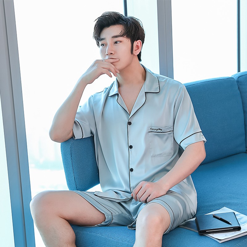 睡衣男士短袖短裤简约套装男冰丝夏季薄款夏天丝绸宽松大码家居服 1811灰色 L（体重100斤到129斤）
