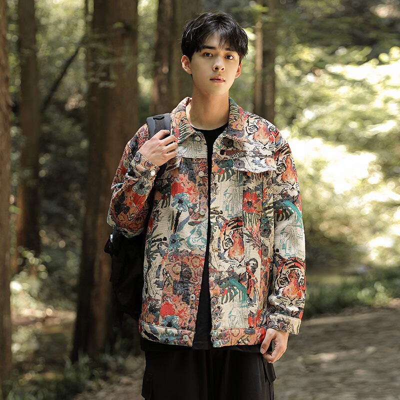 jacktomslee个性潮牌老虎提花牛仔外套男宽松花夹克美式高街牛仔衣落
