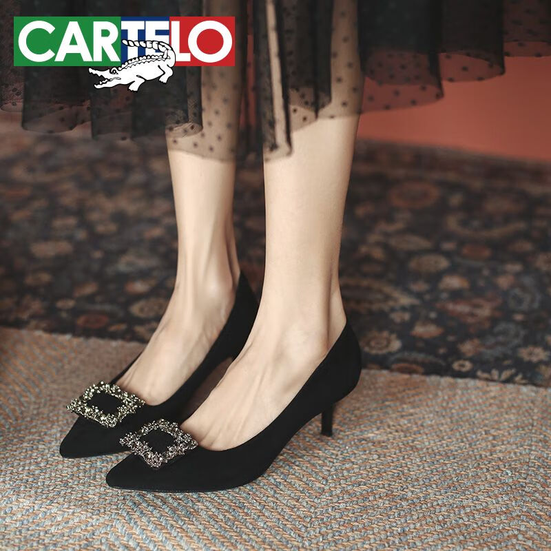 卡帝乐鳄鱼 CARTELO 水钻尖头单鞋雪花扣高跟鞋 KCC-6688-3 黑色(5cm) 39 