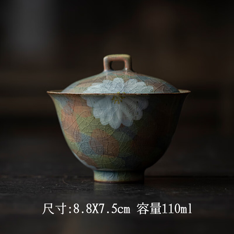 嬋陶高端復古手繪蓋碗開片可養(yǎng)泡茶碗茶杯功夫茶具手工粗陶不燙手茶碗 開片釉-手繪野菊-元寶蓋碗禮盒裝