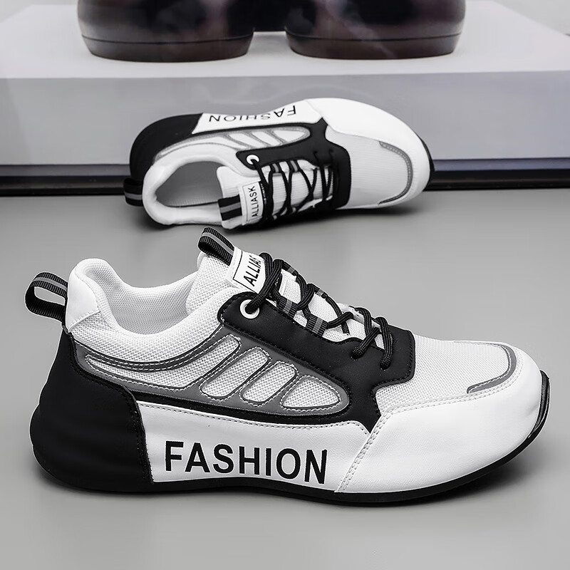 盛绾男鞋春秋新款网面透气休闲运动夏季厚底增高跑步老爹潮鞋 白黑 39