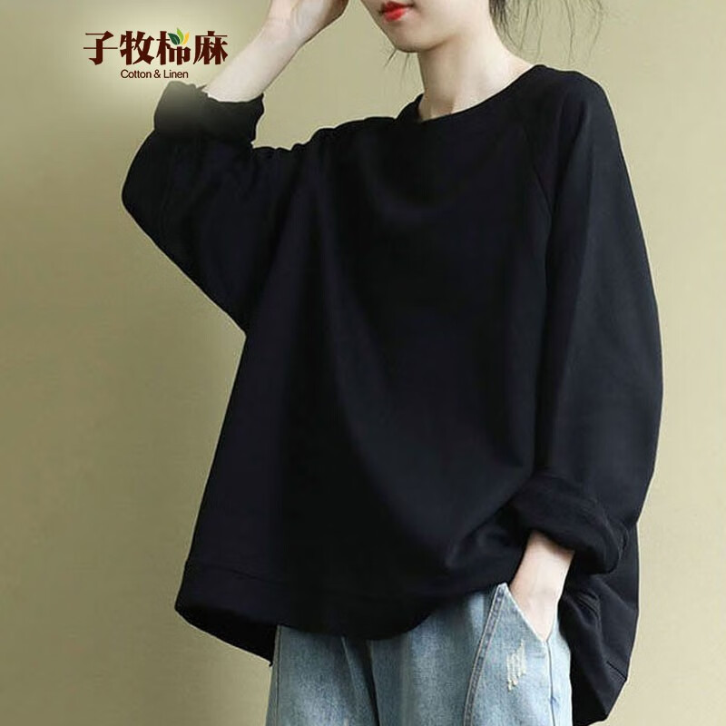 子牧棉麻秋装 女文艺百搭卫衣韩版宽松长袖外套显瘦长袖T恤上衣8671 黑色 M (建议105斤以内)