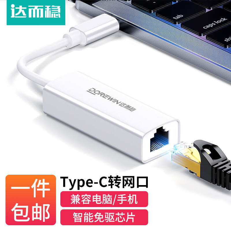 达而稳（DOREWIN） 网线转接头Type-c转网口转换器笔记本电脑网线转接口拓展转rj45宽带 Type-c百兆网卡-白