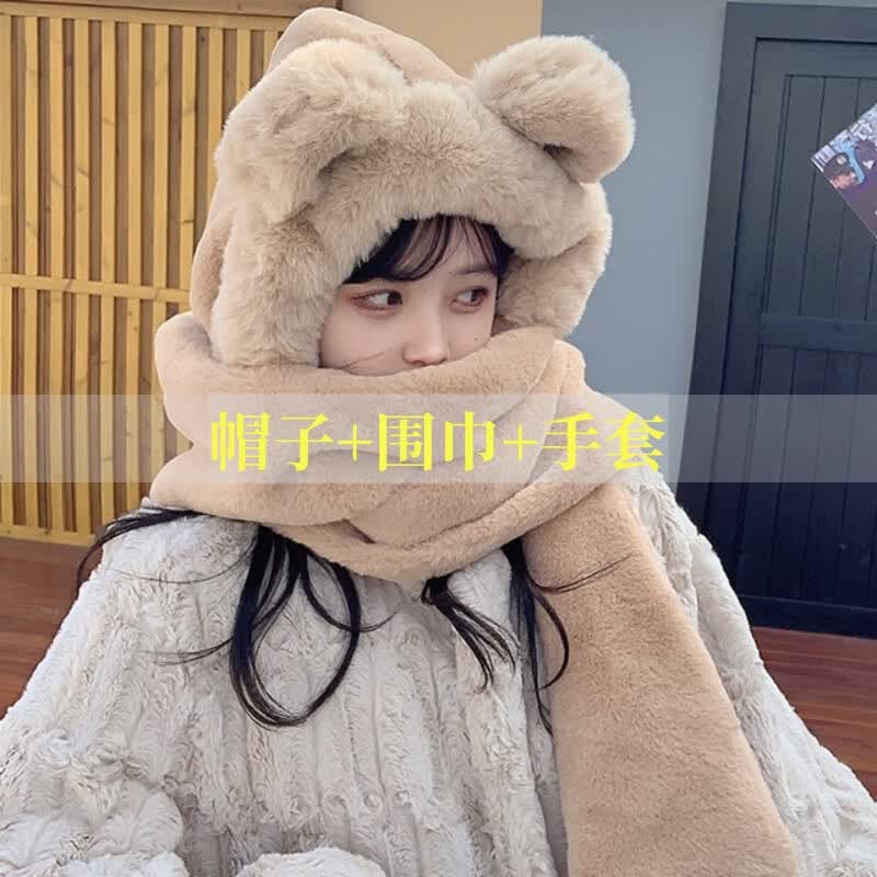 千牧梵帽子冬季女小熊帽子手套围巾女一体三件套女士韩版毛线帽保暖帽子 卡其色三件套 均码(56-58cm)使用感如何?
