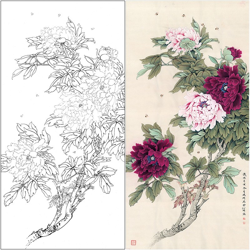 桔舍李晓明工笔画白描底稿牡丹四尺临摹画稿原大尺寸66*132厘米花鸟
