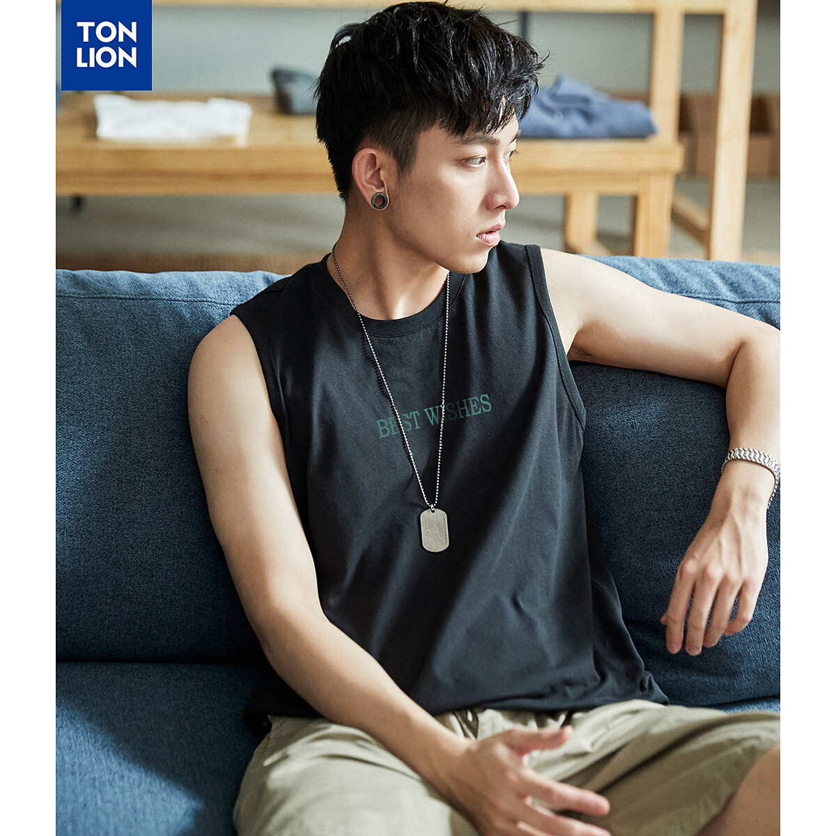 唐狮2024新款男前胸文字印花背心wp 黑色 m