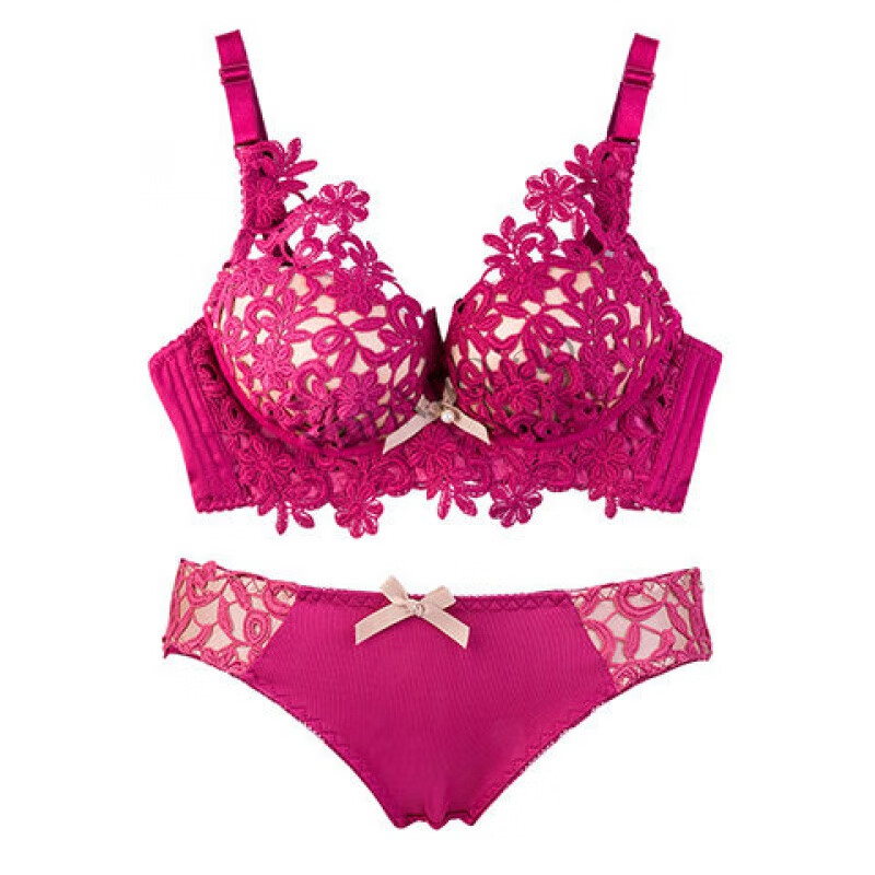 妍蜜俏 【套装】新款文胸刺绣蕾丝无钢圈小胸聚拢性感厚薄内衣女 玫红
