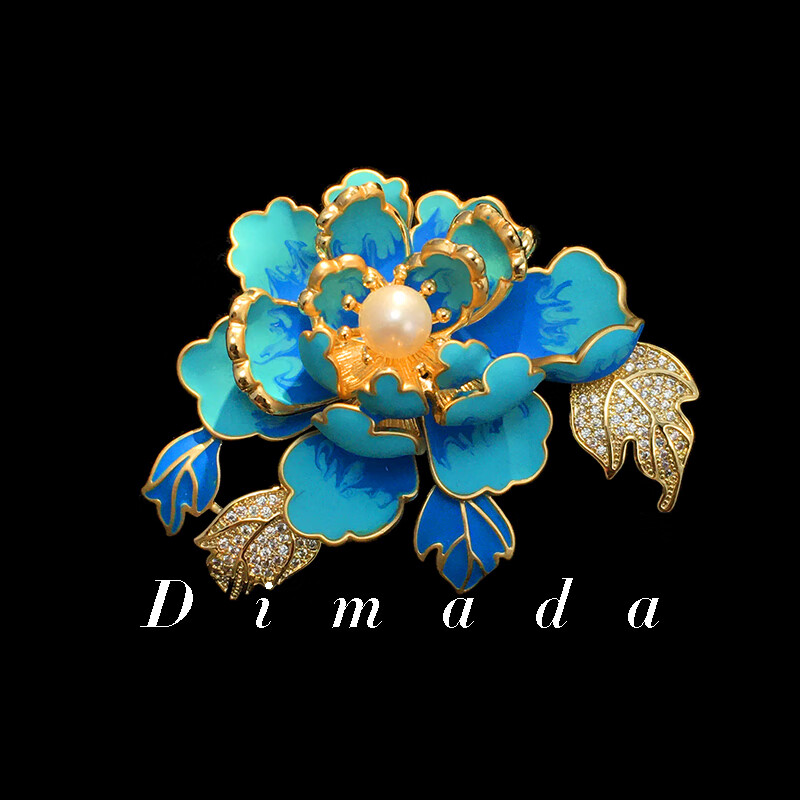 迪曼达（D.M.D）d965蓝牡丹中国风现代中式秋冬大衣珍珠胸针胸花别针配饰女高档 蓝色